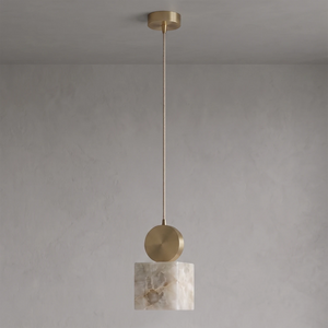Cube alabaster shade with brushed brass cap, unlit, showing the stone's natural white colour