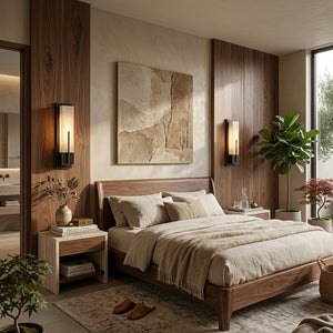 Possini Midtown Alabaster Wall Sconce - Mid-Century Walnut Bedroom Symmetrical Light | HoaiLamp
