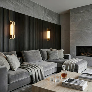 Rectangular Brass Resin LED Wall Lamp - Living Room Dark Wood Slatted Backdrop Pair | HoaiLamp