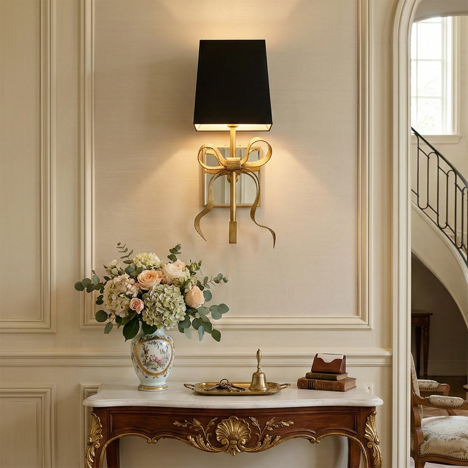 Ribbed Ribbon Bow Wall Lamp - Classic Console Table Flower Bouquet Black Fabric Shade | HoaiLamp
