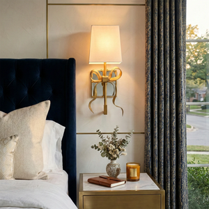 Ribbed Ribbon Bow Wall Lamp - Elegant Bedroom Nightstand Velvet Headboard White Shade | HoaiLamp