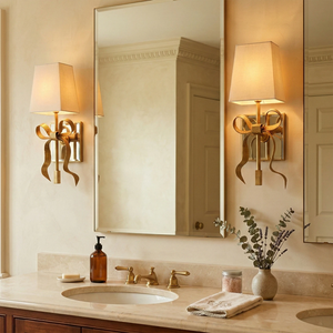 Ribbed Ribbon Bow Wall Lamp - Luxury Bathroom Vanity Large Mirror Gold Hardware White Shade | HoaiLamp