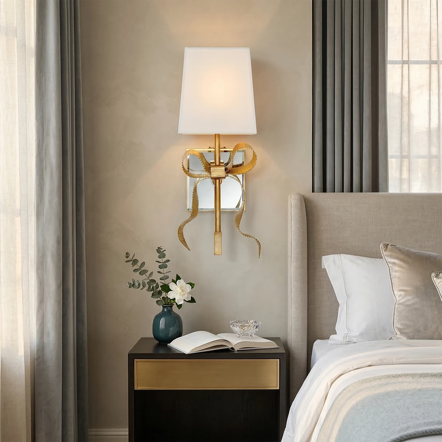 Ribbed Ribbon Bow Wall Lamp - Luxury Bedroom Bedside Nightstand Wingback Headboard White Shade | HoaiLamp
