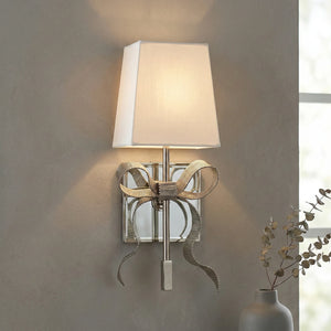 Ribbed Ribbon Bow Wall Lamp - Studio Grey Wall Lit Silver Finish White Shade Angled | HoaiLamp