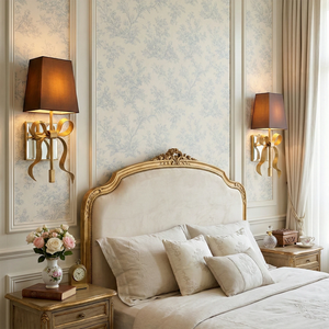 Ribbed Ribbon Bow Wall Lamp - Vintage French Bedroom Floral Wallpaper Gilt Headboard Black Shade | HoaiLamp