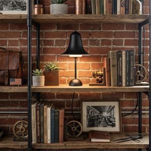 Ring Bell Table Lamp - Industrial Charcoal Black Brick Wall Shelf Display | HoaiLamp