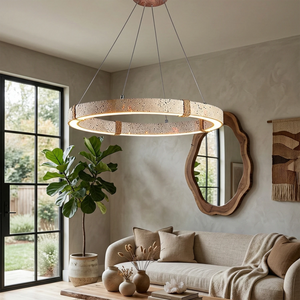 Rectangular Brass Resin LED Wall Lamp - Wabi-Sabi Living Room Travertine Round Halo | HoaiLamp