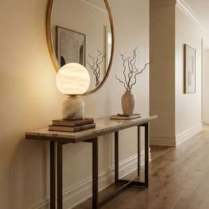 Round Alabaster Table Lamp - Elegant Foyer Entryway Console Table Large Round Wall Mirror | HoaiLamp