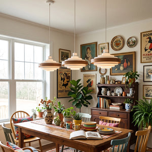 Saturno Tiered Ring Pendant Light - Dining Wooden Table Scene | HoaiLamp