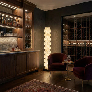 Sculptural Stacked Alabaster Totem Floor Lamp-Bar Linear Chandelier - Luxury Home Bar Wine Cellar Lounge Velvet Chairs | HoaiLamp