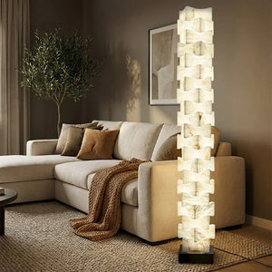 Sculptural Stacked Alabaster Totem Floor Lamp-Bar Linear Chandelier - Neutral Living Space Sectional Sofa Throw Blanket | HoaiLamp