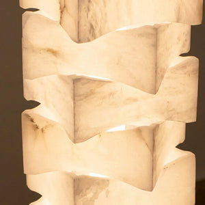 Sculptural Stacked Alabaster Totem Floor Lamp-Bar Linear Chandelier - Macro Texture Natural Alabaster Stone Veins Interlocking Joints | HoaiLamp