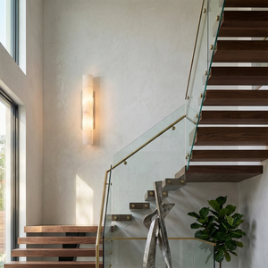 Selene Alabaster Column Sconce-Bar Linear Chandelier - High Ceiling Foyer Floating Wood Staircase Glass Railing | HoaiLamp