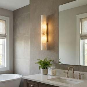 Selene Alabaster Column Sconce-Bar Linear Chandelier - Elegant Bathroom Vanity White Marble Countertop Grey Wall | HoaiLamp