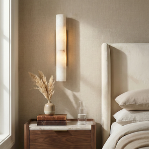 Selene Alabaster Column Sconce-Bar Linear Chandelier - Cozy Master Bedroom Nightstand Cream Headboard Pampas Grass | HoaiLamp