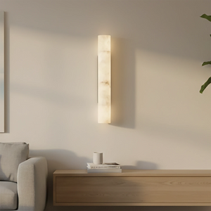 Selene Alabaster Column Sconce-Bar Linear Chandelier - Minimalist Living Room Floating Wood Credenza Beige Wall | HoaiLamp