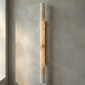 Selene Alabaster Column Sconce-Bar Linear Chandelier - Studio Profile Side View Concrete Wall Sunlight Shadows | HoaiLamp