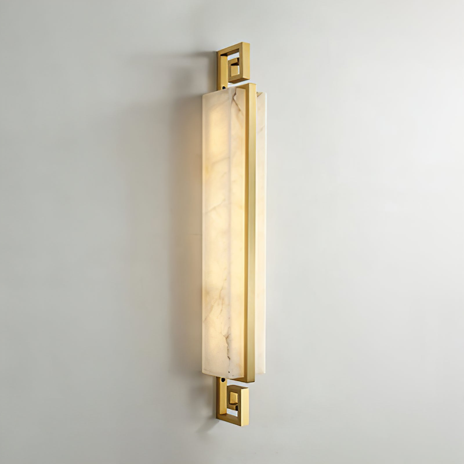 Sleek Alabaster Brass Wall Light - Brushed Gold Finish Greek Key Geometric Motif | HoaiLamp