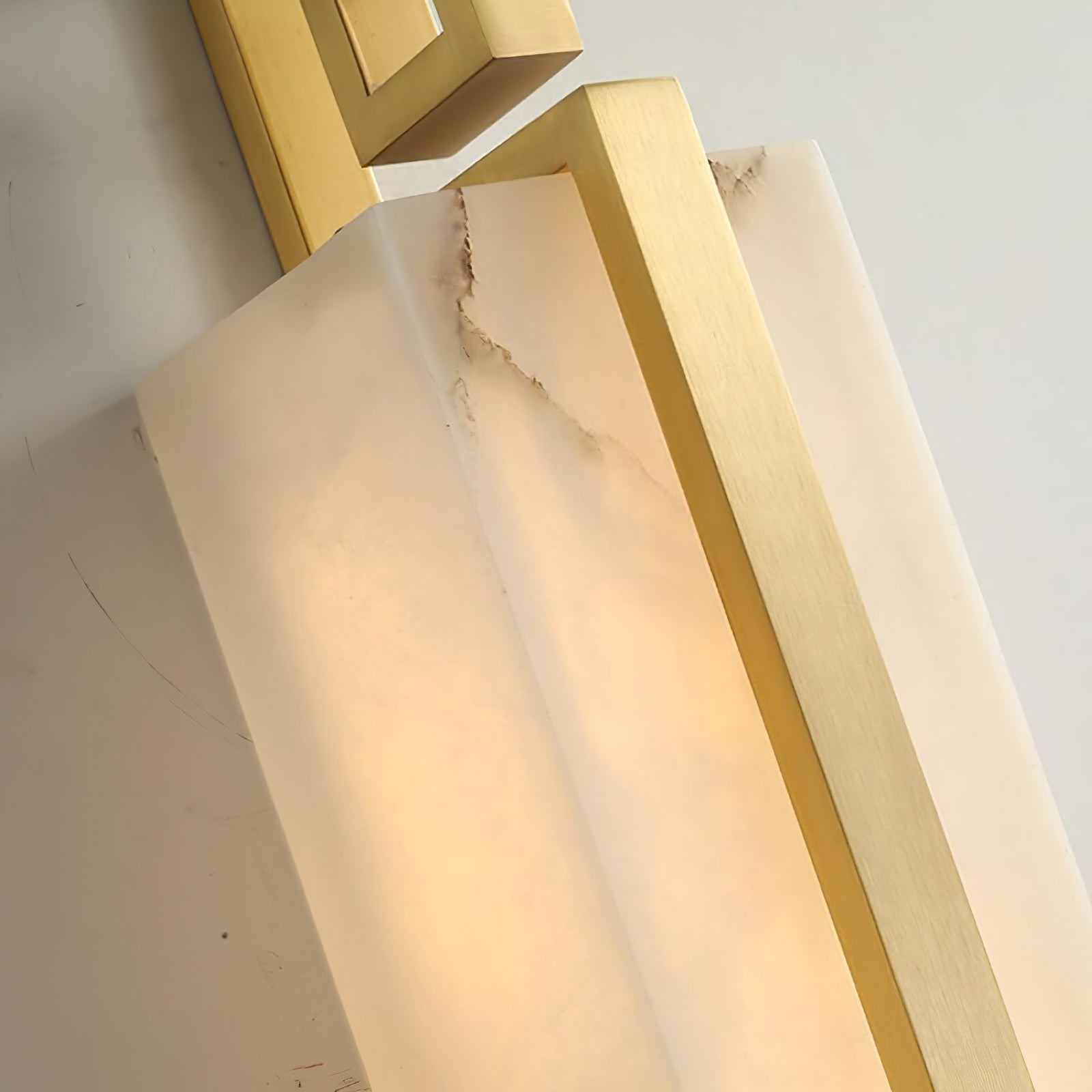 Sleek Alabaster Brass Wall Light - Close Up Translucent Natural Alabaster Glowing Mineral Veins | HoaiLamp