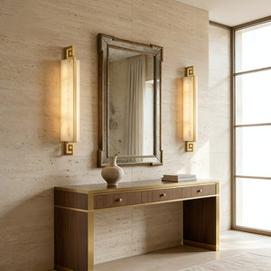 Sleek Alabaster Brass Wall Light - Contemporary Foyer Long Floating Console Symmetrical Layout | HoaiLamp