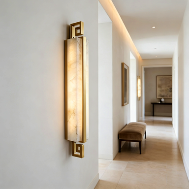 Sleek Alabaster Brass Wall Light - Luxury Hallway Corridor Elegant Velvet Bench Accent | HoaiLamp