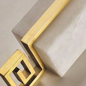 Sleek Alabaster Brass Wall Light - Macro Polished Gold Greek Key Hardware Stone Joint | HoaiLamp