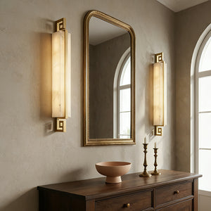Sleek Alabaster Brass Wall Light - Vintage Entryway Symmetrical Set Gold Frame Mirror | HoaiLamp