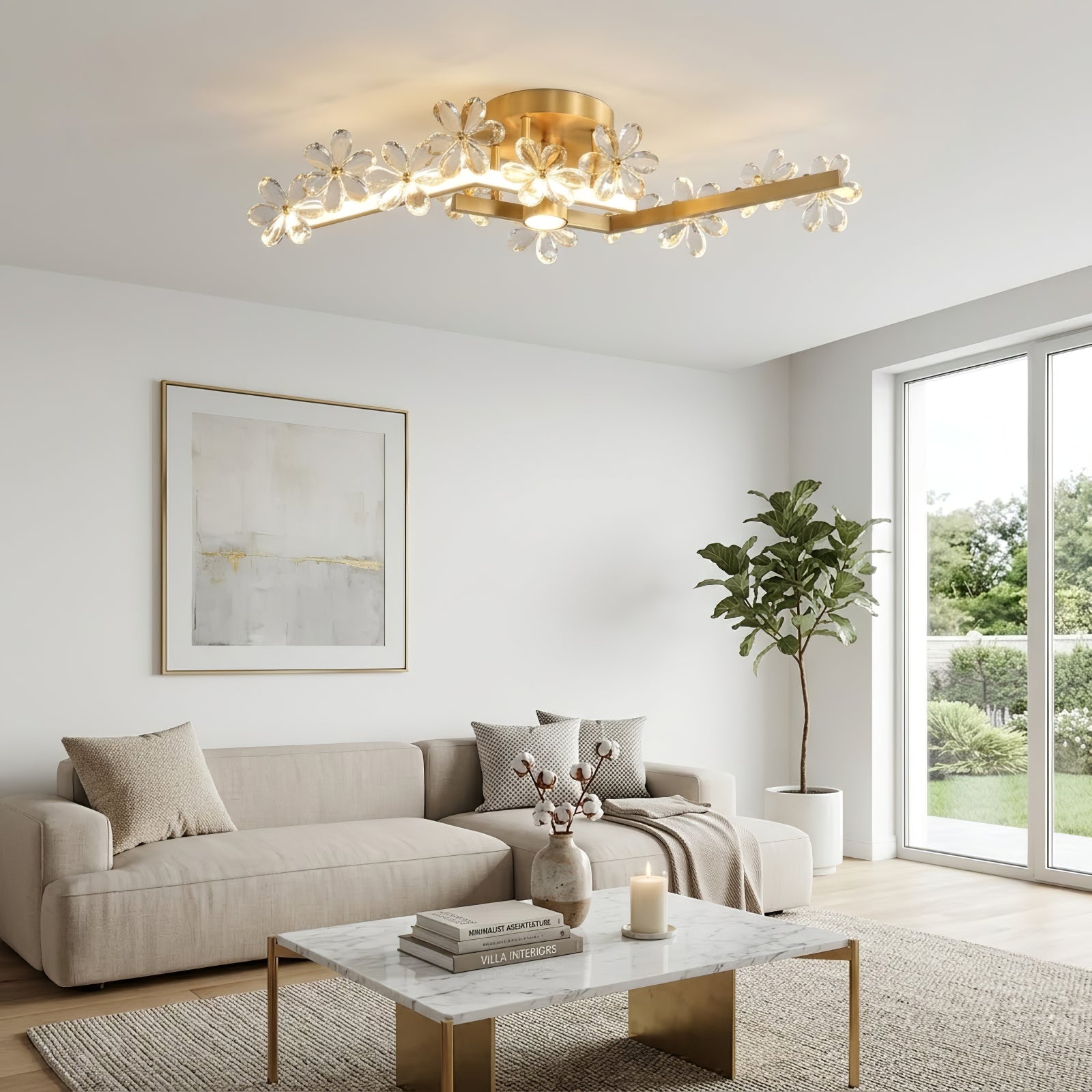Sparkling Crystal Plum Blossom Ceiling Light - Cozy Cream Living Room Elegance Marble Table | HoaiLamp