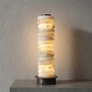 Multi-Tiered Alabaster Table Lamp - Studio Grey Backdrop Tall Version Tabletop Reflection Lit | HoaiLamp