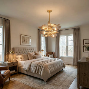 Textured Glass Leaf Chandelier - Airy Neutral Master Bedroom Cream Tufted Bed Sheer Curtains | HoaiLamp