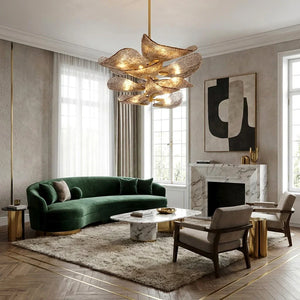 Textured Glass Leaf Chandelier - Contemporary Living Room Curved Green Sofa Abstract Artwork | HoaiLamp