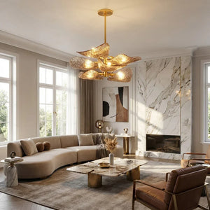Textured Glass Leaf Chandelier - Luxury Modern Living Room Curved Sectional Sofa Marble Fireplace | HoaiLamp