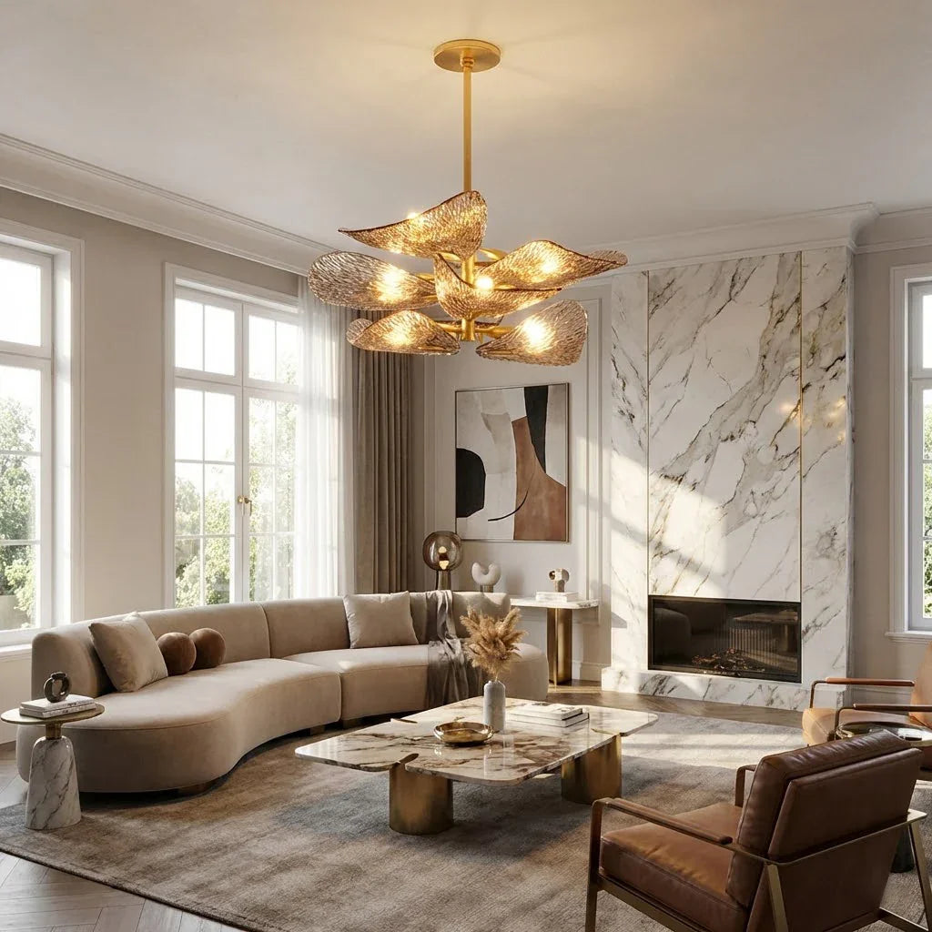Textured Glass Leaf Chandelier - Luxury Modern Living Room Curved Sectional Sofa Marble Fireplace | HoaiLamp