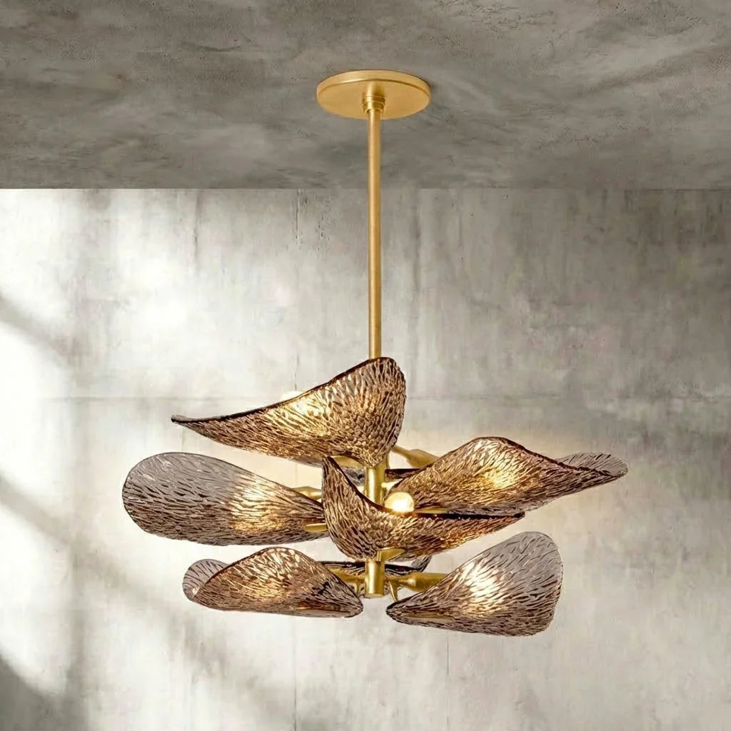 Textured Glass Leaf Chandelier - Studio Grey Concrete Backdrop Sunlight Shadows Lit | HoaiLamp