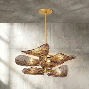 Textured Glass Leaf Chandelier - Studio Grey Concrete Backdrop Sunlight Shadows Lit | HoaiLamp