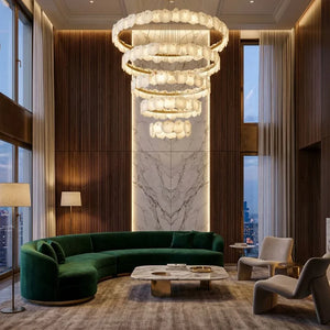 Tiered Alabaster Chandelier - Double Height Luxury Lounge Emerald Green Velvet Sofa | HoaiLamp