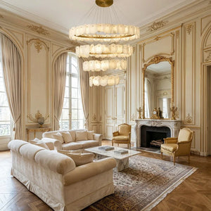 Tiered Alabaster Chandelier - French Classical Salon White Molding Panels Classic Fireplace | HoaiLamp