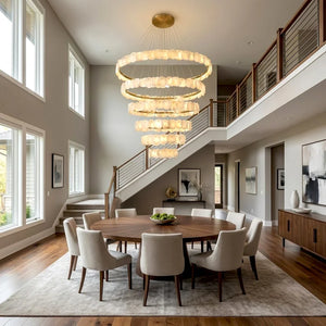 Tiered Alabaster Chandelier - Grand Dining Room Round Wooden Table Mezzanine Overlook | HoaiLamp