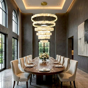 Tiered Alabaster Chandelier - Modern Luxury Formal Dining Space Long Wooden Table | HoaiLamp