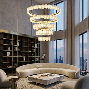 Tiered Alabaster Chandelier - Modern Penthouse Lounge Curved Cream Sofa Panoramic View | HoaiLamp