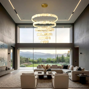 Tiered Alabaster Chandelier - Open Concept Contemporary Great Room Sliding Glass Doors | HoaiLamp