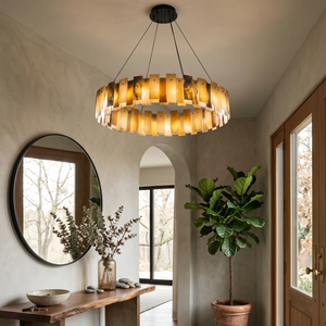 Tobacco-Hued Alabaster Chandelier - Chic Entryway Foyer Console Table Round Mirror Decor | HoaiLamp