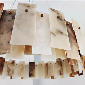 Tobacco-Hued Alabaster Chandelier - Angled Close-Up Linear Variant Stone Plates Detail | HoaiLamp