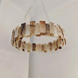 Tobacco-Hued Alabaster Chandelier - Single-Tier Round Variant Unlit Real Hanging Shot | HoaiLamp
