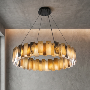 Tobacco-Hued Alabaster Chandelier - Studio Single-Tier Round Warm Lit Gray Backdrop | HoaiLamp