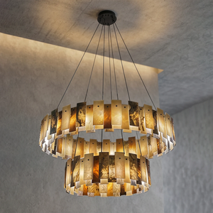 Tobacco-Hued Alabaster Chandelier - Studio Two-Tier Round Warm Lit Ambient Pendant | HoaiLamp