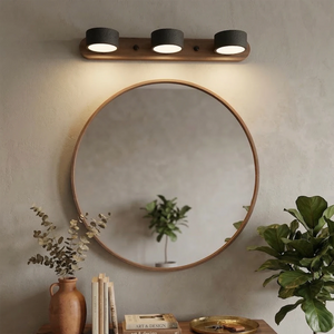 Travertine Duo Wood Wall Light - Dark Walnut Black 3 Light Scandi Round Mirror | HoaiLamp