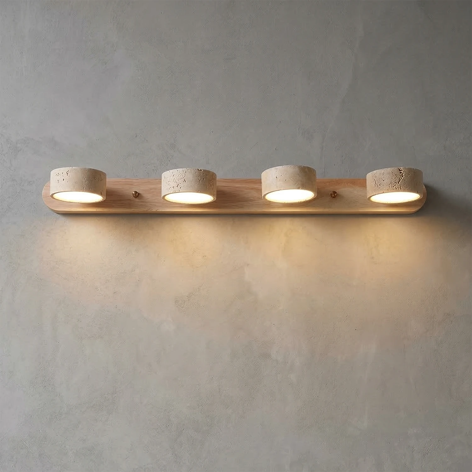 Travertine Duo Wood Wall Light - Light Oak 4 Light Illuminated Minimalist Plaster Background | HoaiLamp