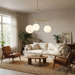 Triple Glass Orb Pendant Lamp-Bar Linear Chandelier - Mid Century Cozy Living Room Cream Sofa Wood Coffee Table | HoaiLamp