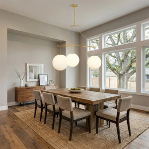 Triple Glass Orb Pendant Lamp-Bar Linear Chandelier - Bright Dining Room Large Wooden Table Scenic Windows | HoaiLamp